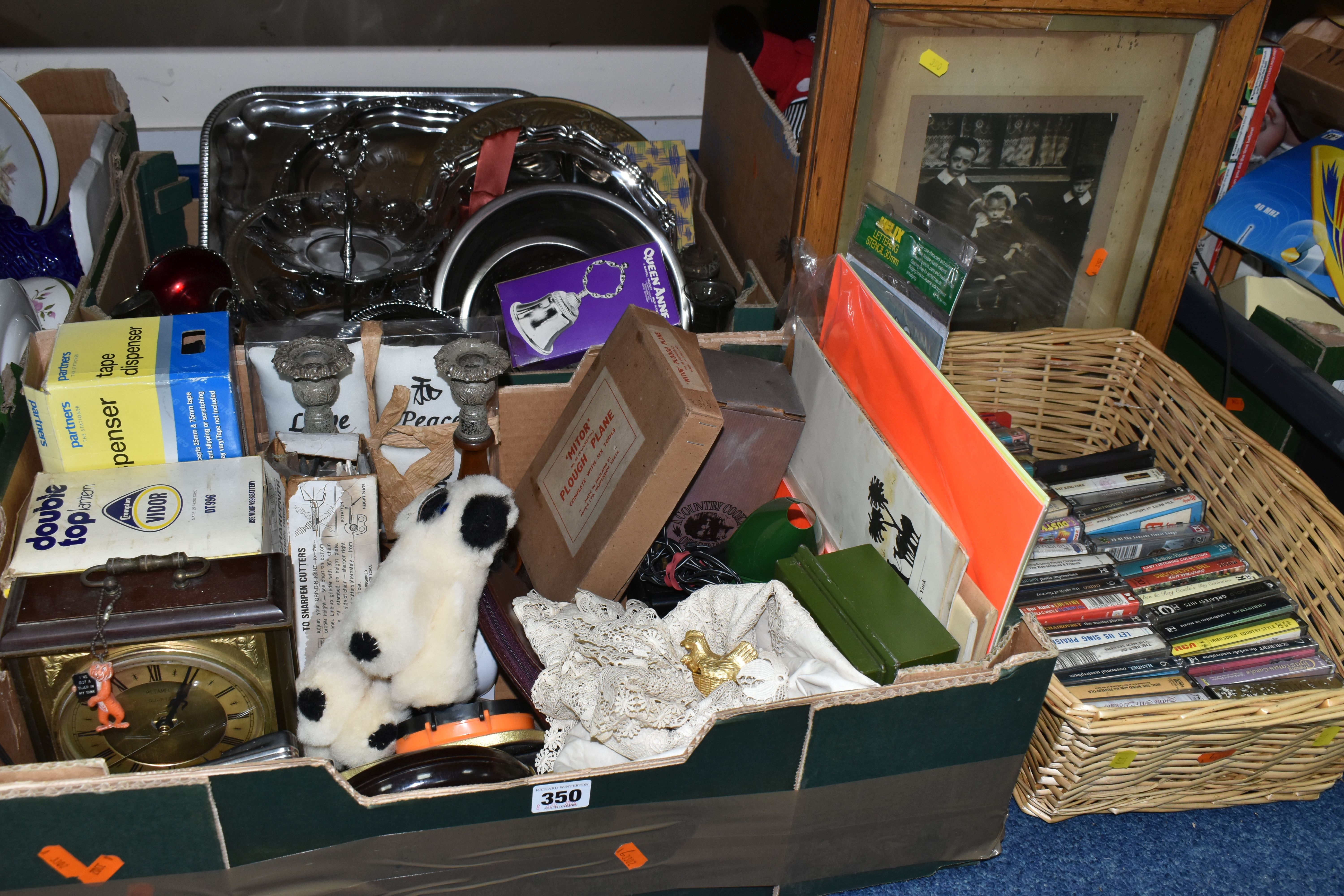THREE BOXES, A BASKET AND LOOSE SUNDRY ITEMS, to include a boxed 'Mitor' No 88 Plough Plane, an