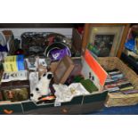 THREE BOXES, A BASKET AND LOOSE SUNDRY ITEMS, to include a boxed 'Mitor' No 88 Plough Plane, an