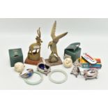 A SELECTION OF MISCELLANEOUS ITEMS, to include an EPNS cruet set, a torque bangle set with an oval