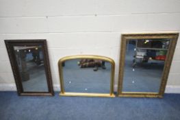 A RECTANGULAR GILT FRAME BEVELLED EDGE WALL MIRROR, 106cm x 75cm, a gilt framed overmantel mirror,