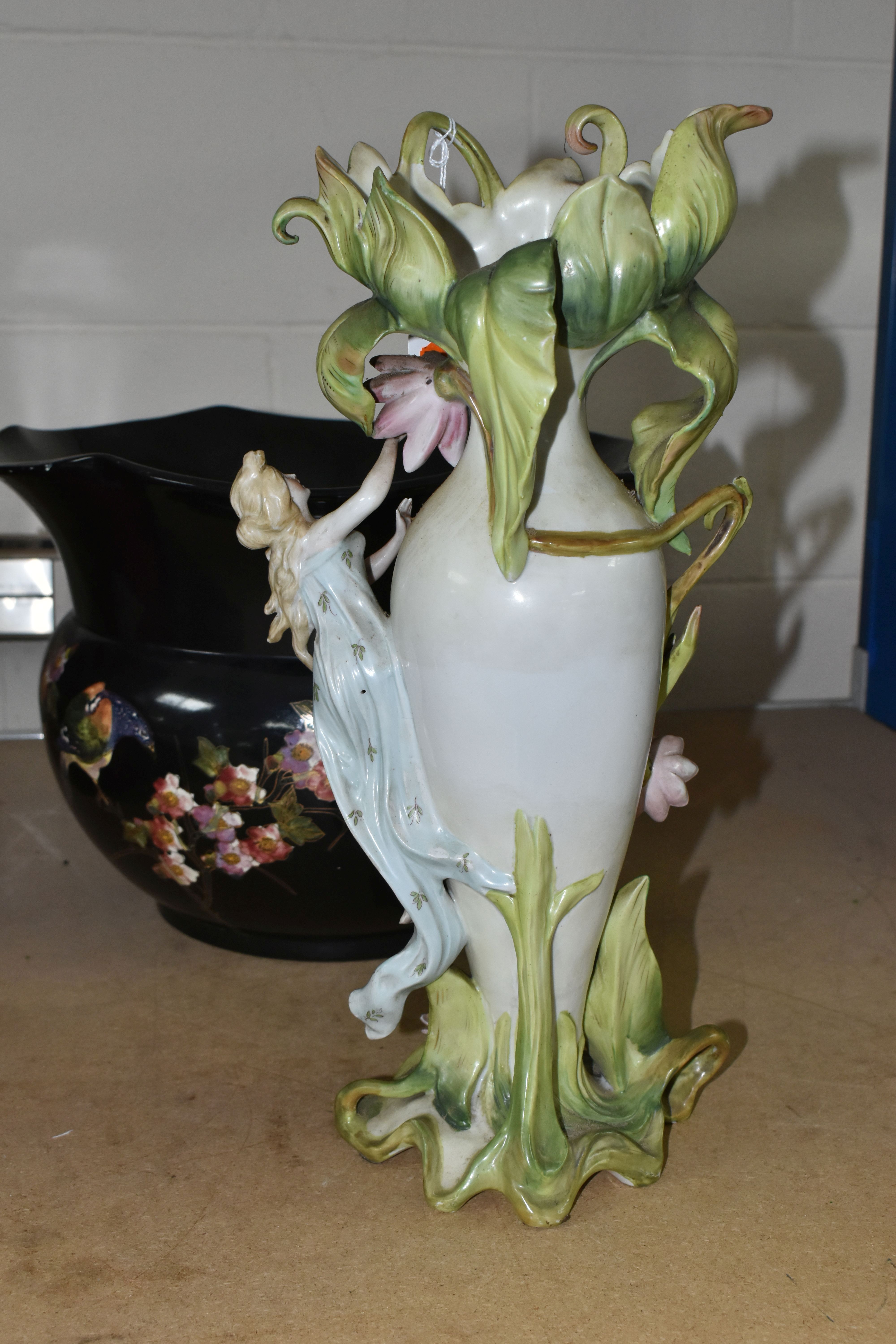 A LARGE BRETBY POTTERY JARDINIERE/PLANTER, decorated with pink and gilt floral design on a black - Image 3 of 9