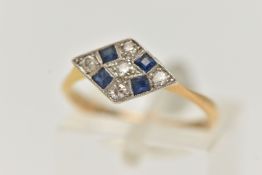 A LATE ART DECO SAPPHIRE AND DIAMOND RING, a rhombus form white metal mount, set with four square