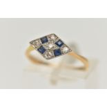 A LATE ART DECO SAPPHIRE AND DIAMOND RING, a rhombus form white metal mount, set with four square