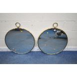 A PAIR OF NEXT BRASSED PENDANT STYLE CIRCULAR MIRRORS, diameter 72cm x height to fitting 84cm (