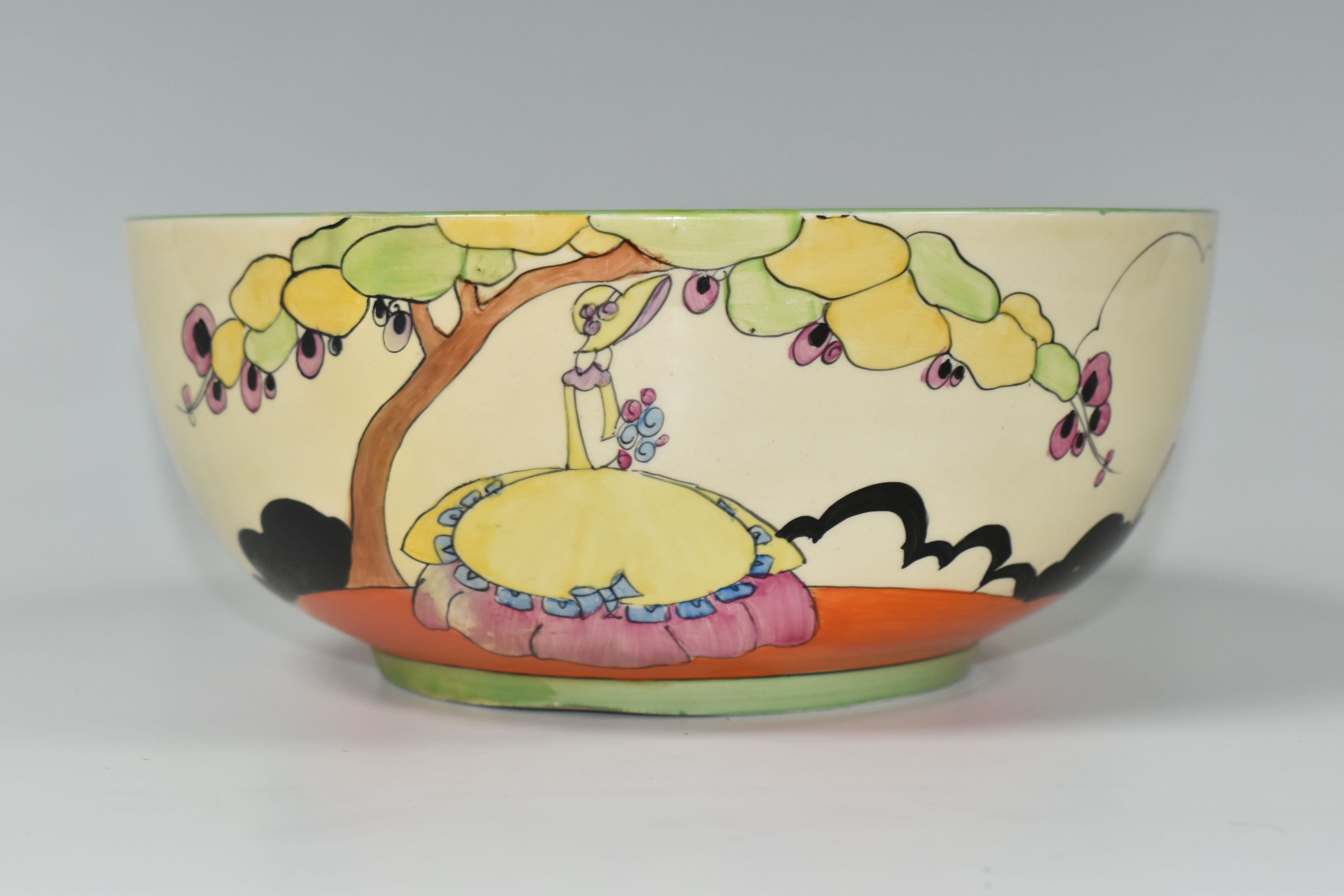 A CLARICE CLIFF 'APPLIQUE IDYLL' CRINOLINE LADY FRUIT BOWL, diameter 21cm, black printed - Image 3 of 7