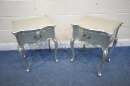 A PAIR OF SILVER PAINTED FRENCH STYLE SINGLE DRAWER BEDSIDE CABINETS, width 50cm x depth 40cm x