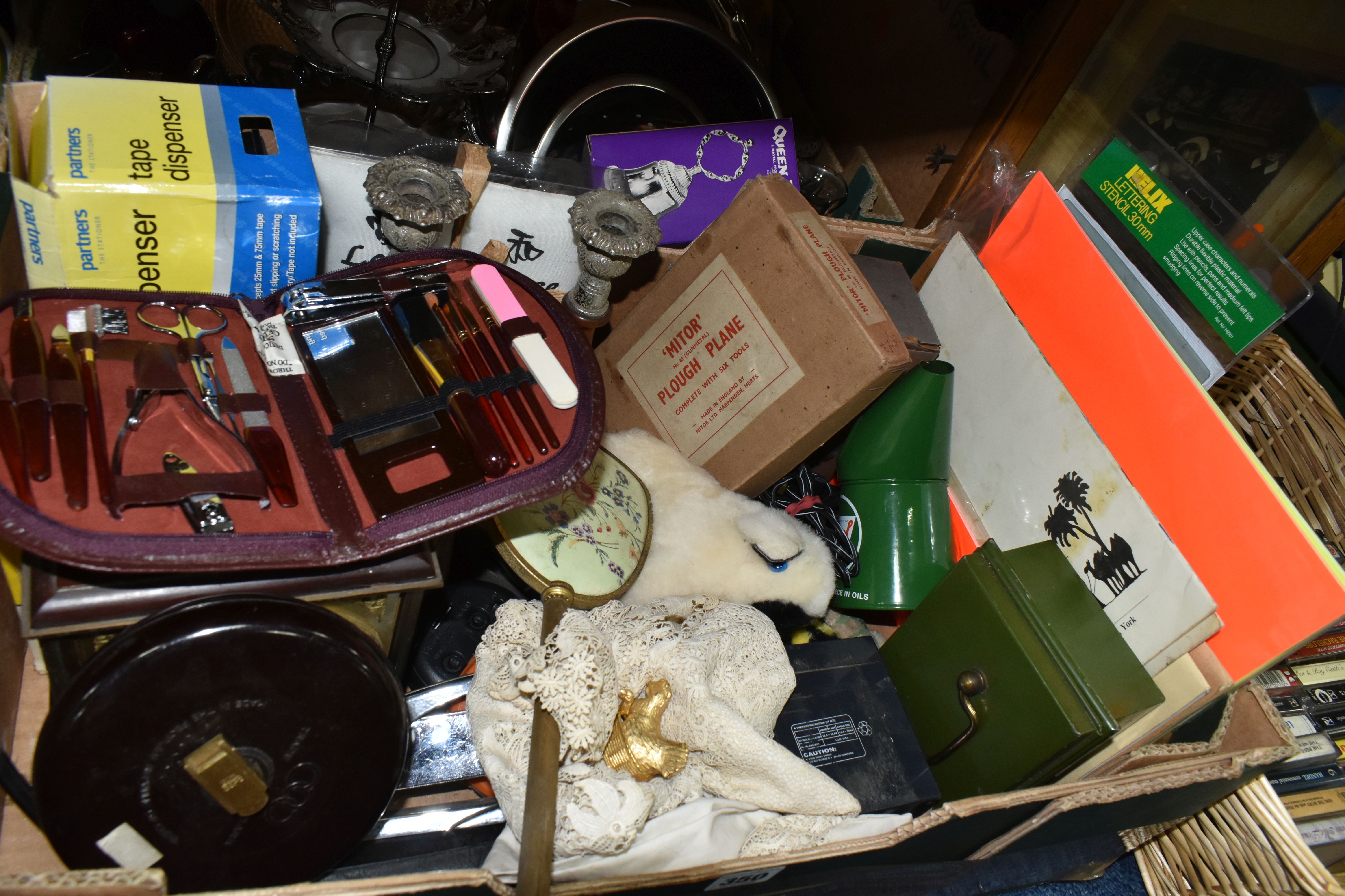 THREE BOXES, A BASKET AND LOOSE SUNDRY ITEMS, to include a boxed 'Mitor' No 88 Plough Plane, an - Image 9 of 9