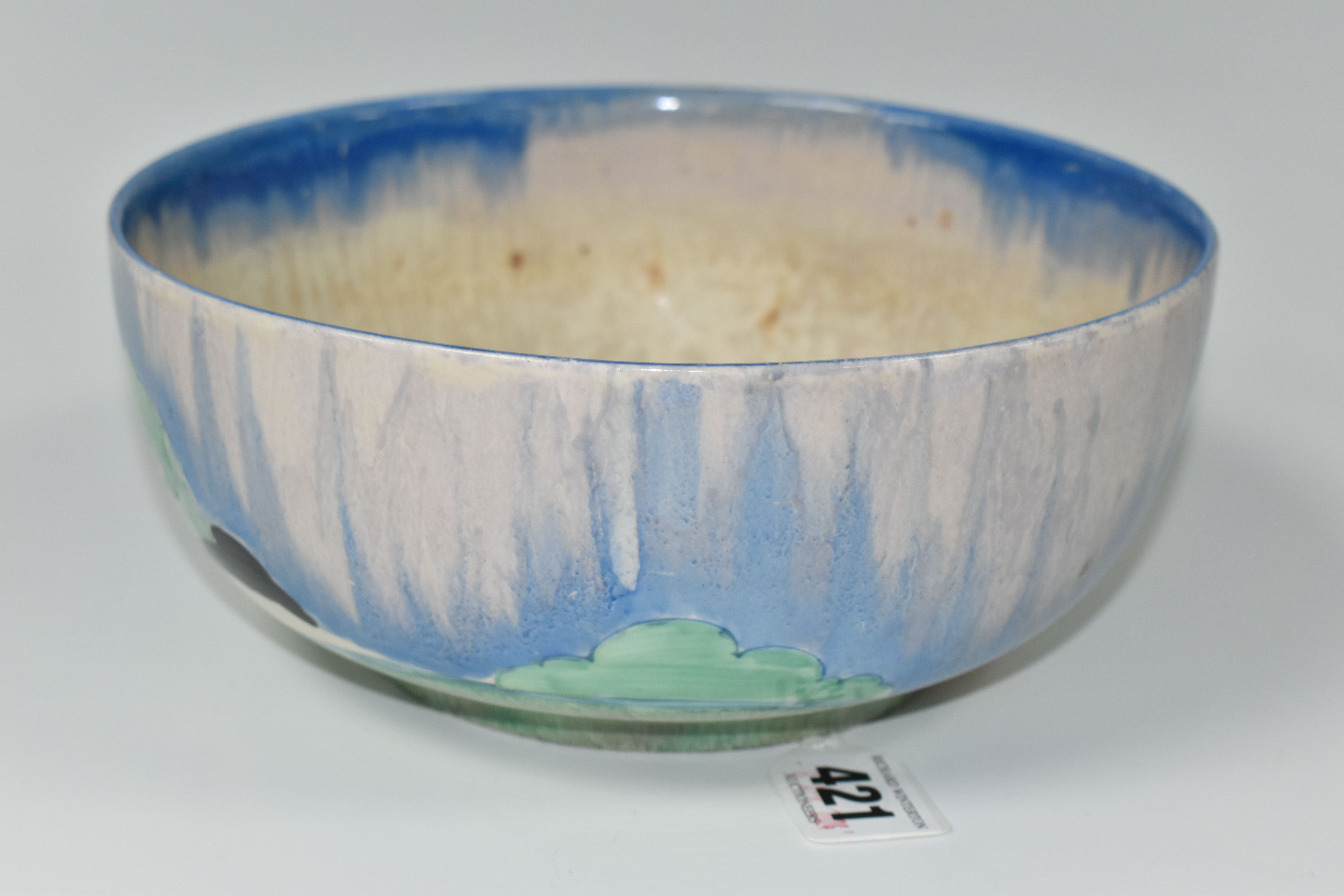 A CLARICE CLIFF BIZARRE NEWLYN PATTERN BOWL, the interior with streaked blue glaze rim and worn - Image 2 of 6