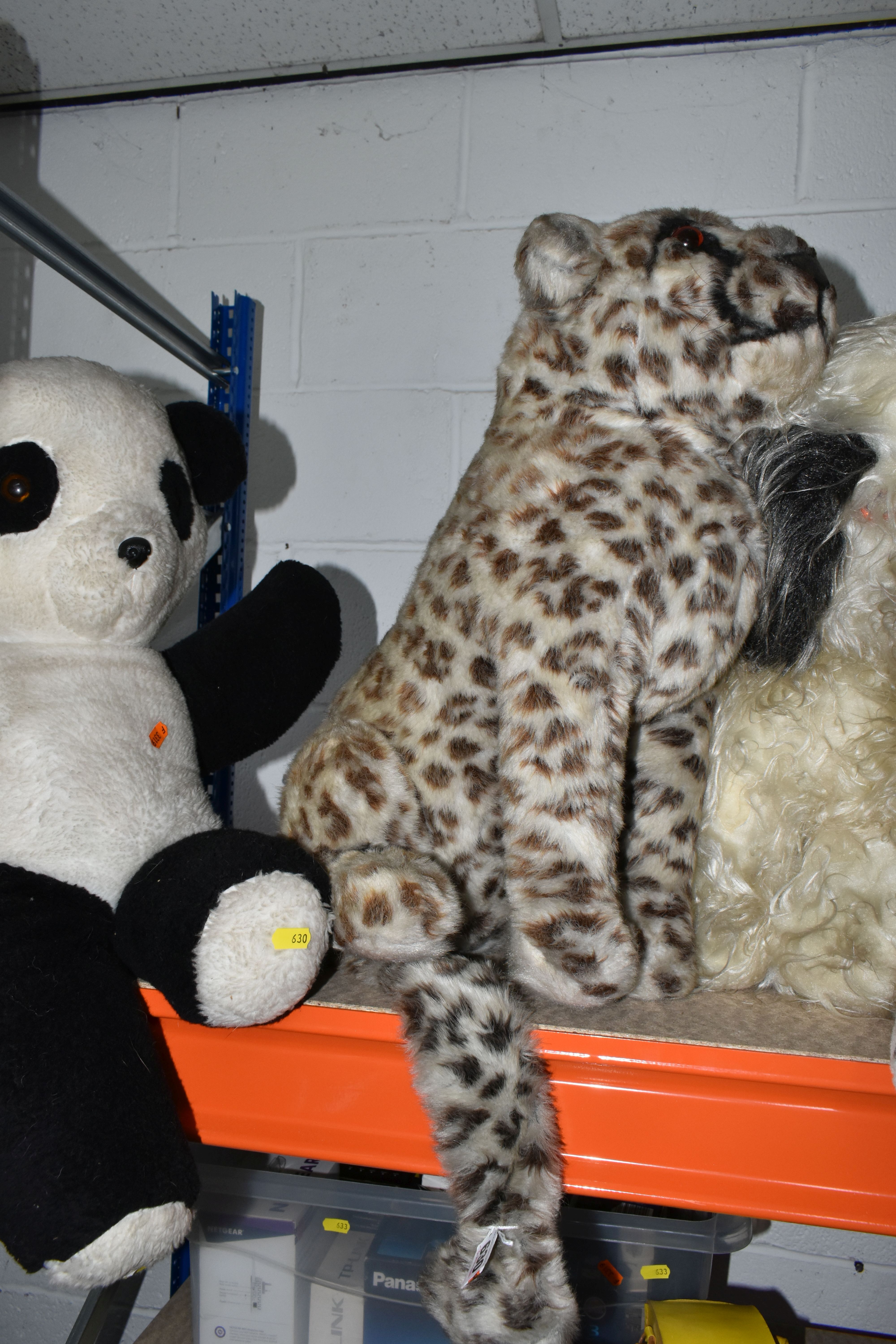 A COLLECTION OF LARGE SOFT TOY ANIMALS, comprising a 'Merrythoughts' seated leopard, height 60cm - Image 5 of 11