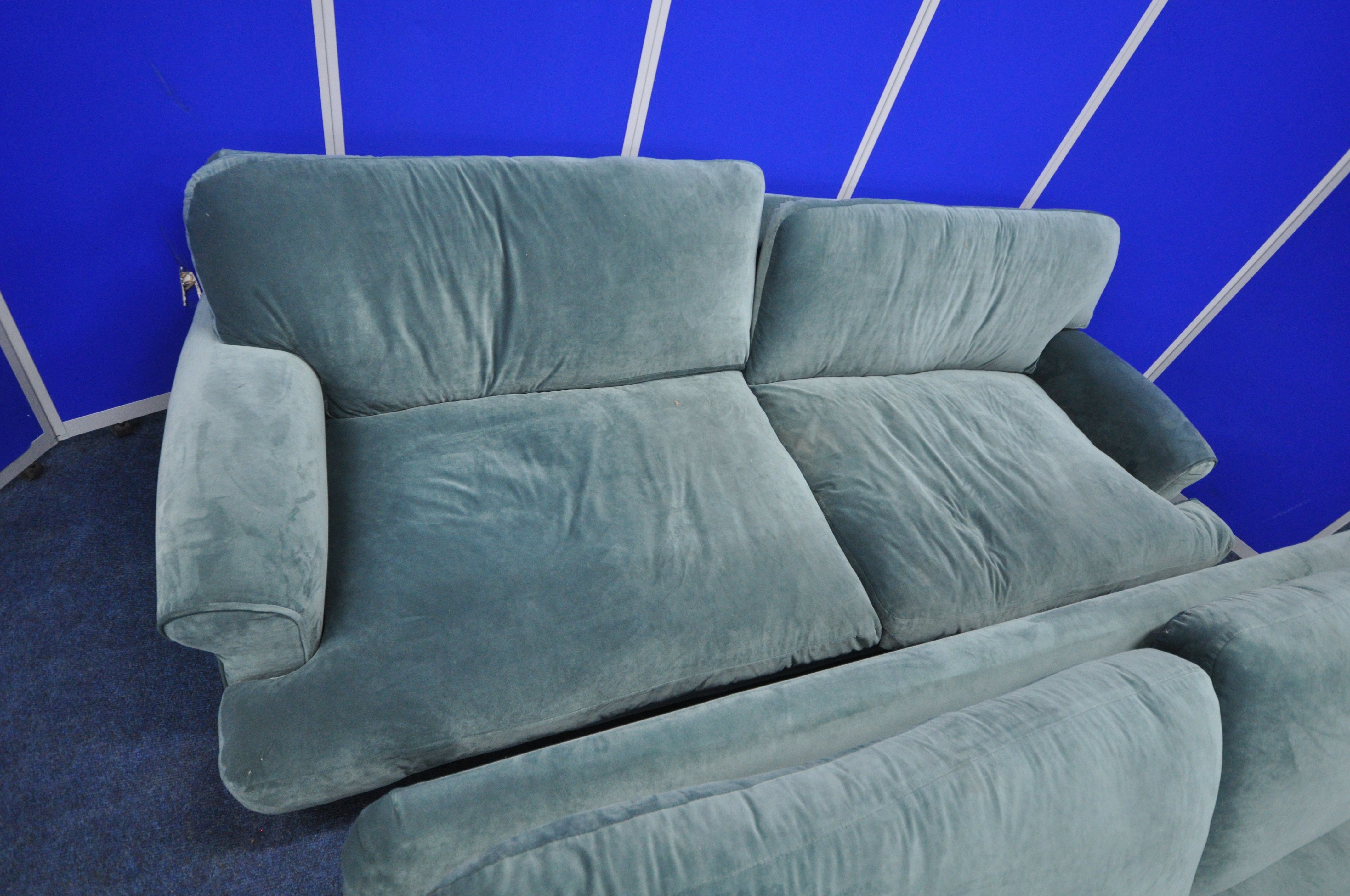 TWO LARGE LOAF SOFAS, with cadet blue velvet upholstery, label to back left hand side, largest - Image 2 of 6