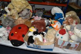 FOUR BOXES/BASKET AND LOOSE VINTAGE SOFT TOYS, to include a Keele Toys Lion, a Smurf, original BBC