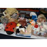 FOUR BOXES/BASKET AND LOOSE VINTAGE SOFT TOYS, to include a Keele Toys Lion, a Smurf, original BBC