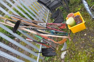 A SELECTION OF GARDEN TOOLS AND PLANT POTS including rakes, forks, hoes, etc