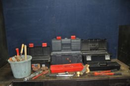 THREE PLASTIC TOOLBOXES AND A BUCKET CONTAINING TOOLS including shoulder and hand braces, hammers,