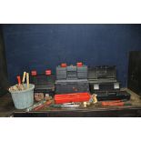 THREE PLASTIC TOOLBOXES AND A BUCKET CONTAINING TOOLS including shoulder and hand braces, hammers,