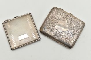 A SILVER COMPACT AND SILVER CIGARETTE CASE, the first a square form compact with engine turned