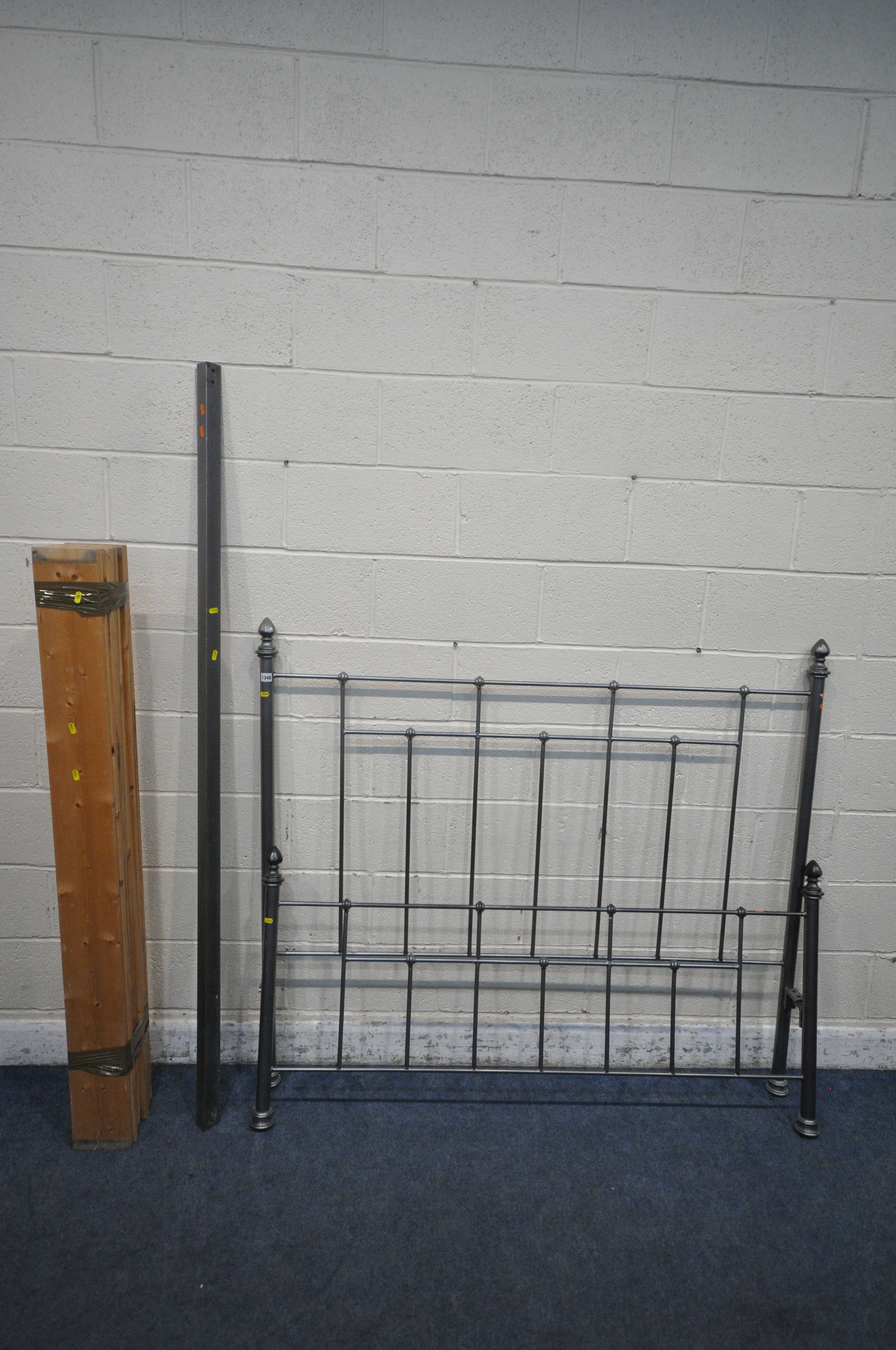 A SLATE GREY TUBULAR METAL 5FT BEDSTEAD, with side rails, later slats and a bag of bolts (