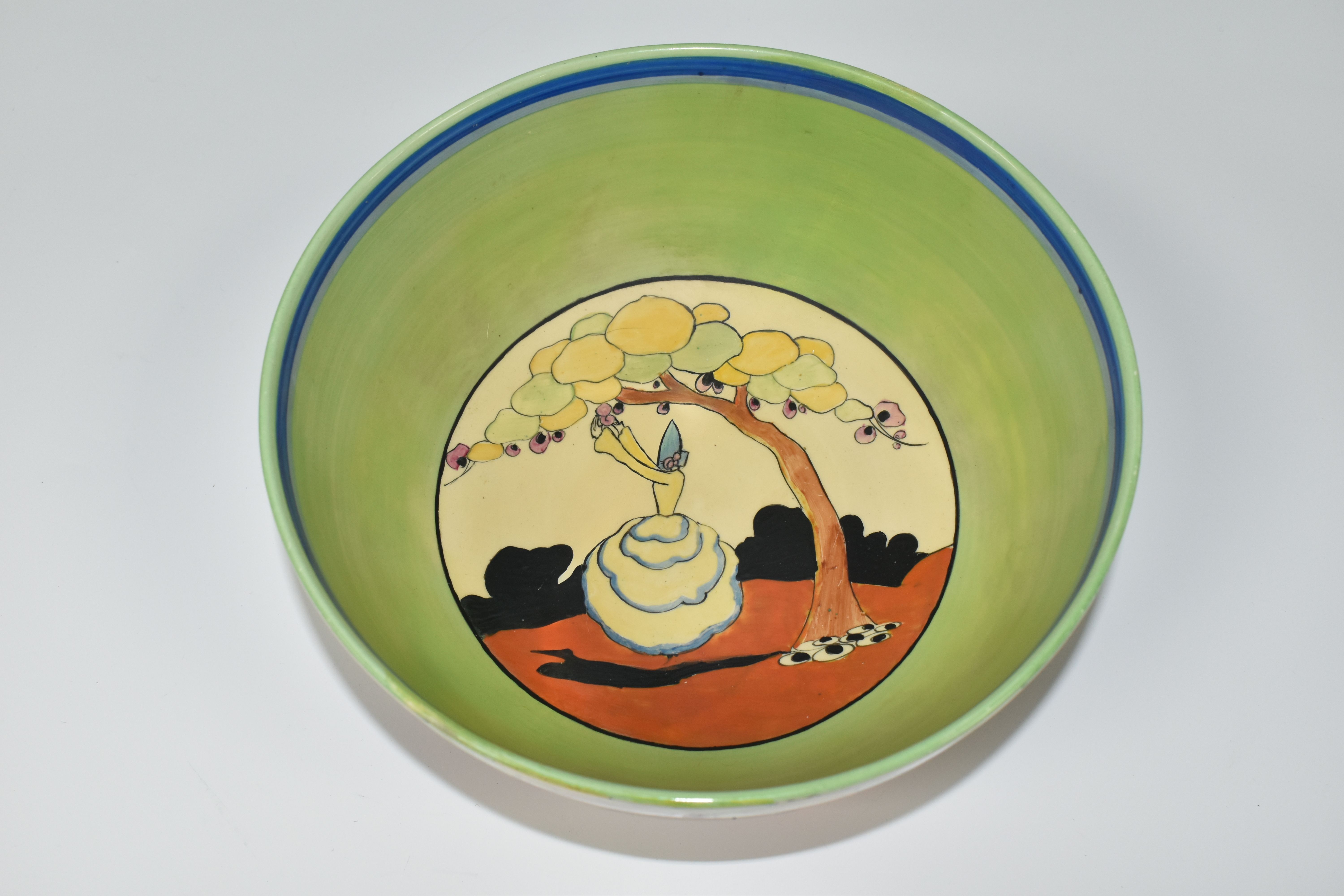 A CLARICE CLIFF 'APPLIQUE IDYLL' CRINOLINE LADY FRUIT BOWL, diameter 21cm, black printed - Image 4 of 7