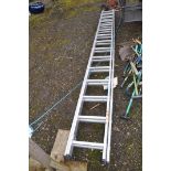 A HAILO ALUMINIUM DOUBLE EXTENSION LADDER with 15 rungs to each 420cm length