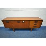 A MID CENTURY JENTIQUE TEAK SIDEBOARD, with three drawers, two cupboard doors and a fall front door,