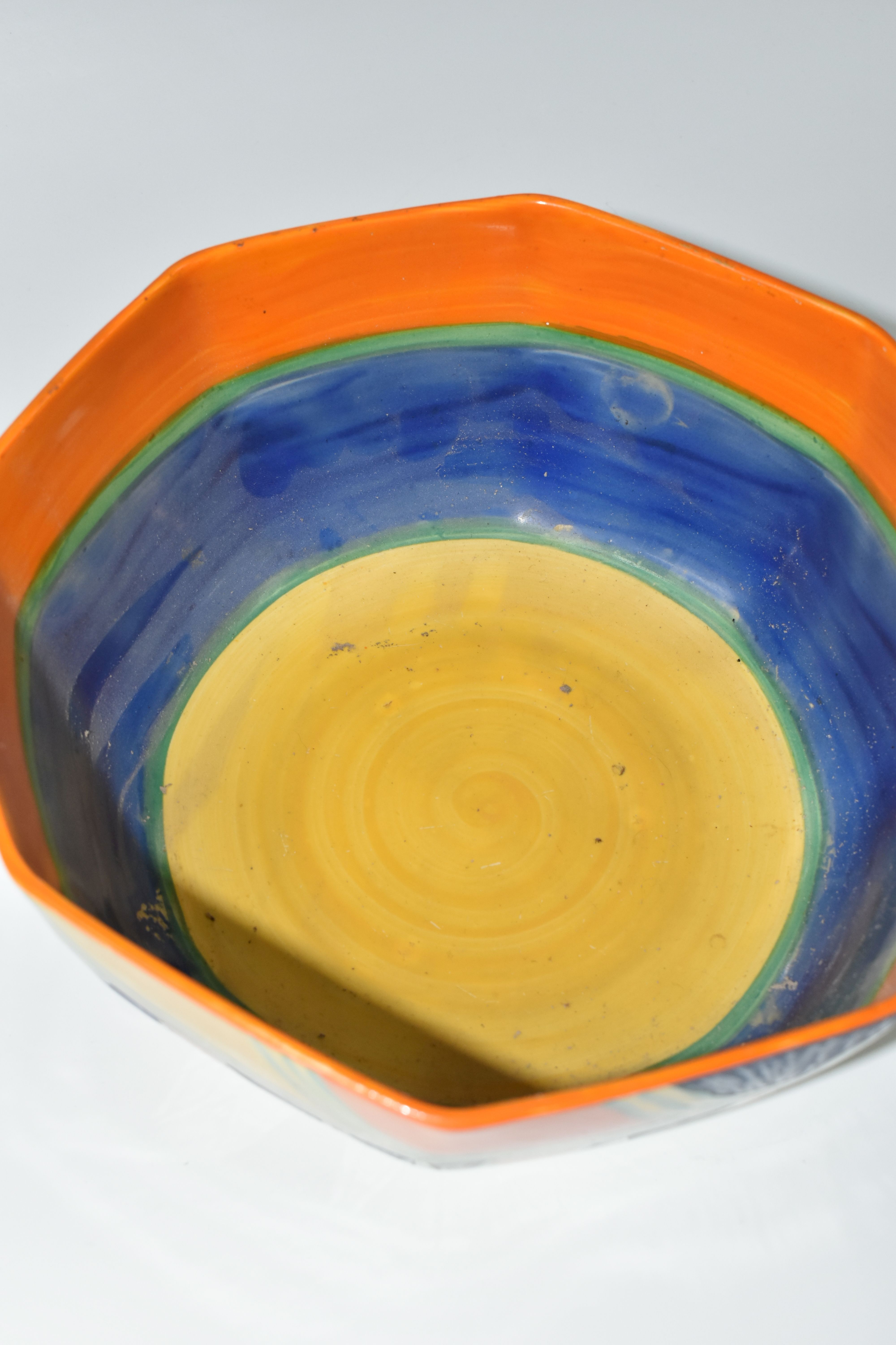 A CLARICE CLIFF BIZARRE KANDINA OCTAGONAL BOWL, the interior painted with bands of orange, green, - Image 5 of 7