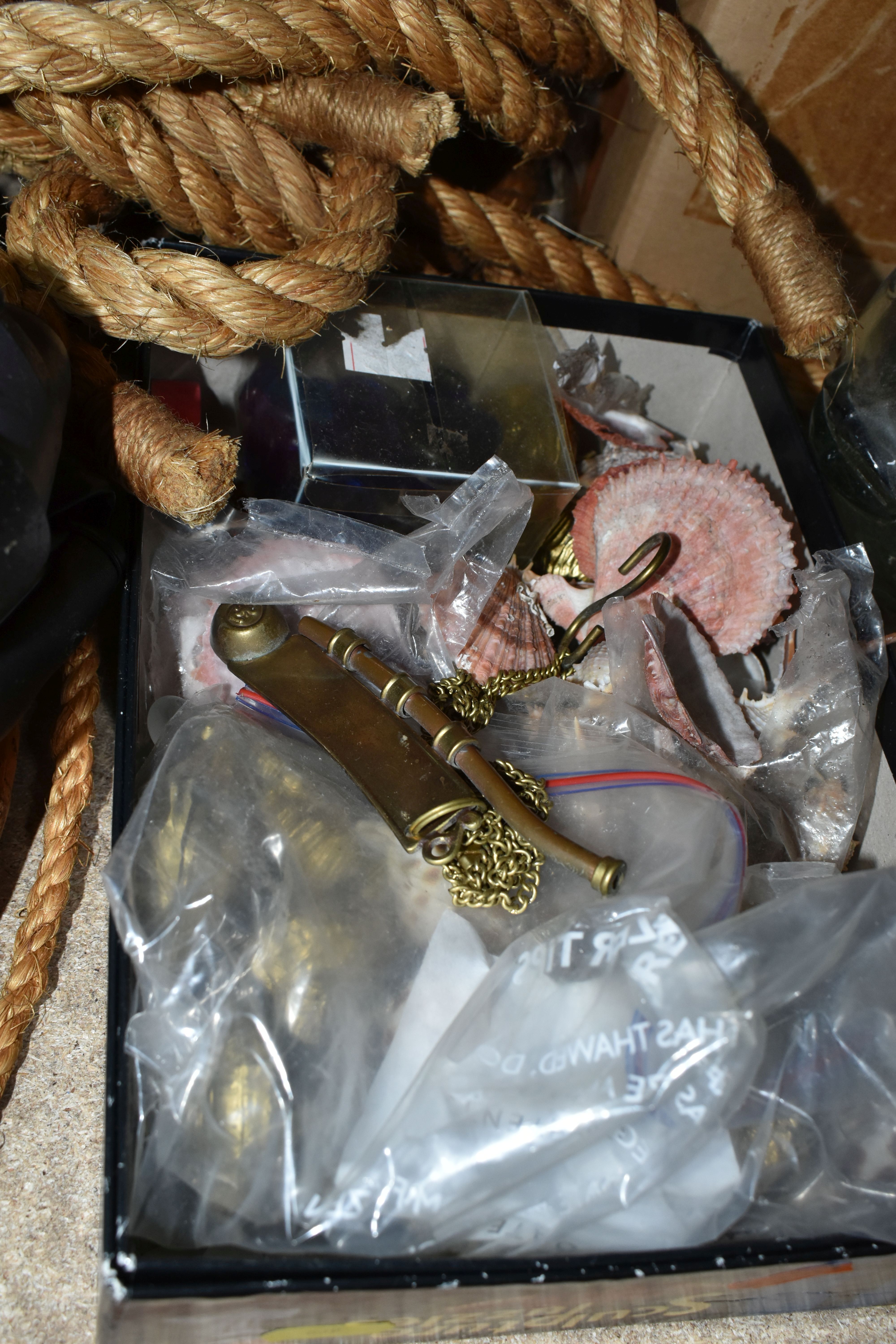 TWO BOXES AND LOOSE NAUTICAL ORNAMENTS AND BINOCULARS, to include a reproduction ships lamp, Titanic - Image 8 of 11