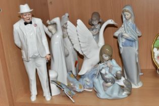 SEVEN LLADRO FIGURES, A NAO DUCK AND A ROYAL DOULTON 'SIR WINSTON CHURCHILL' HN3057, A.F., the