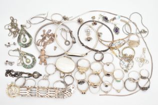 A BAG OF ASSORTED SILVER AND WHITE METAL JEWELLERY, to include a silver open work Celtic pattern