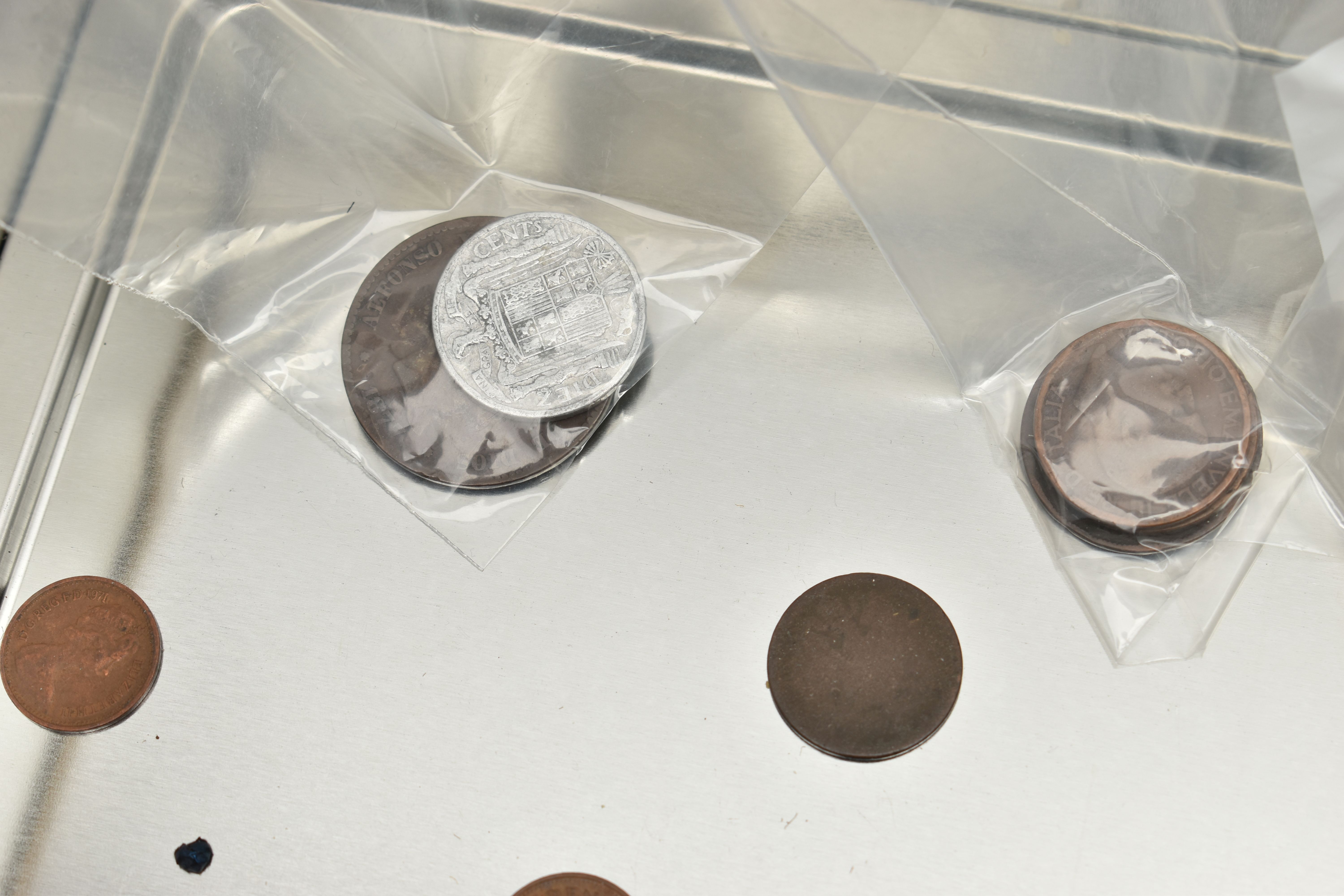 A TIN CONTAINING MIXED WORLD COINS, to include 1890s Japan One Yen, Silver Rupee Hyderabad, 1900 - Image 8 of 8