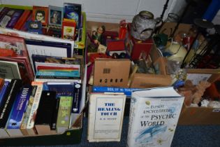 FIVE BOXES OF BOOKS, CRYSTALS AND CANDLES, to include a collection of healing crystals, fossils,