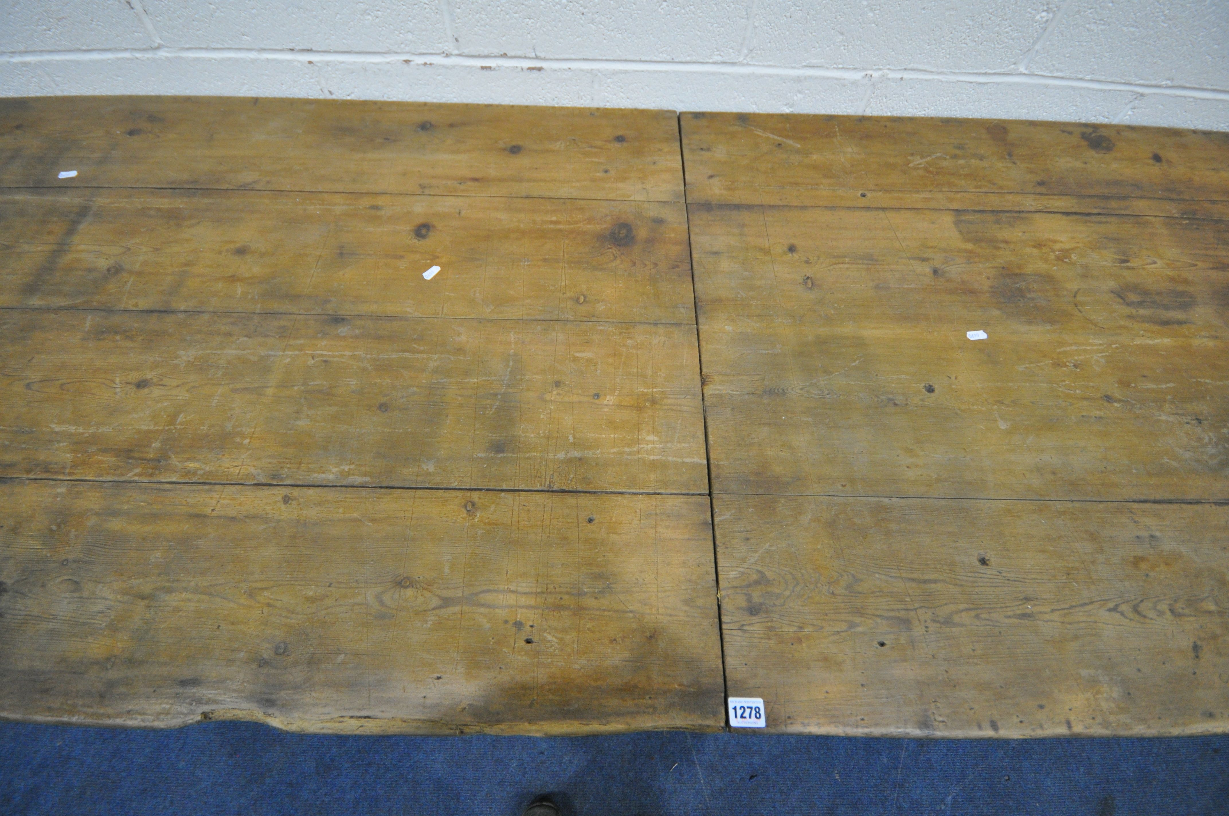 A LARGE RECTANGULAR PINE PLANK TOP TABLE, on block legs, length 273cm x depth 90cm x height 79cm ( - Image 3 of 6