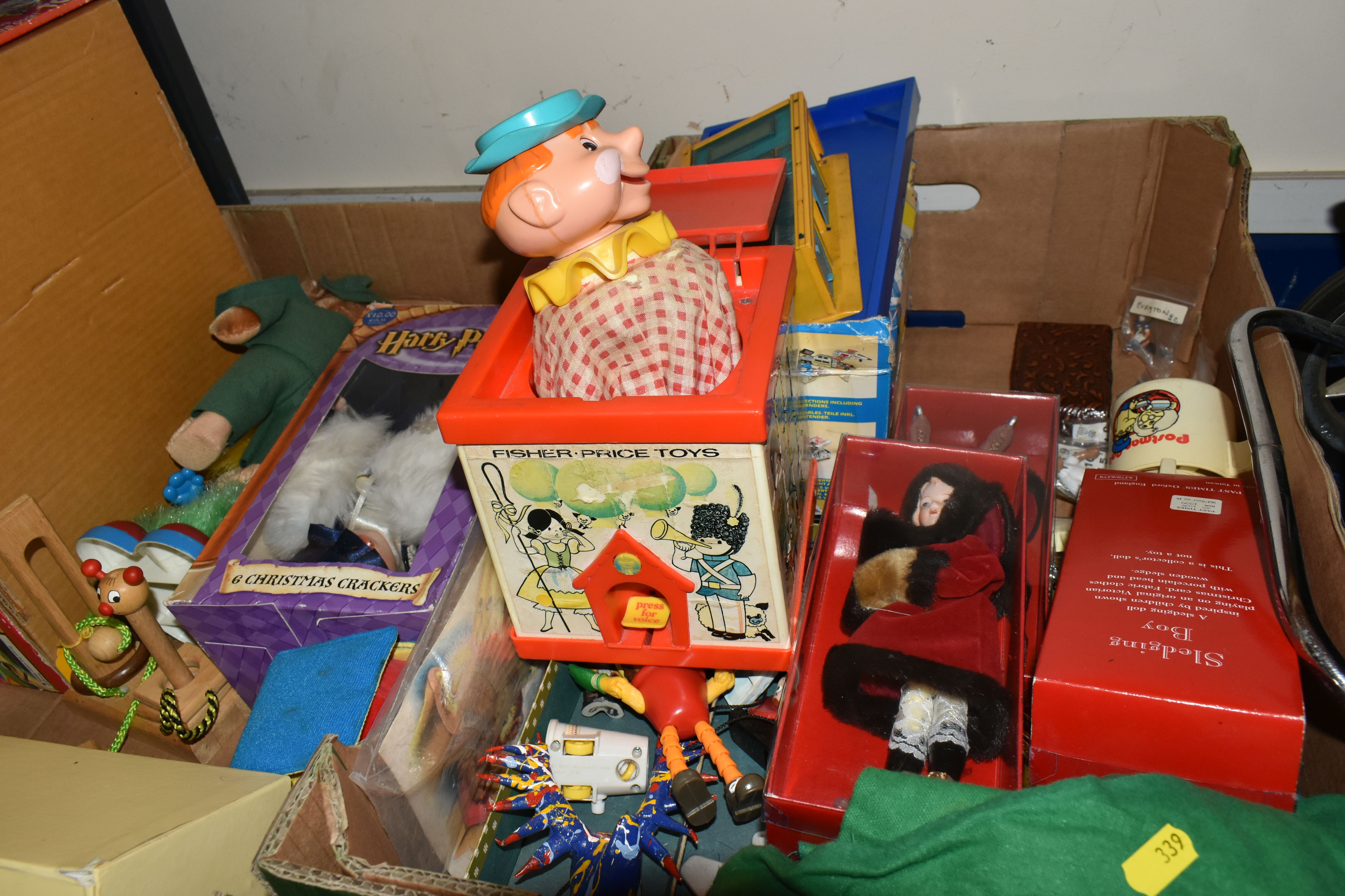 THREE BOXES OF VINTAGE TOYS, DOLLS AND GAMES, to include a porcelain doll with composite body, - Image 6 of 9