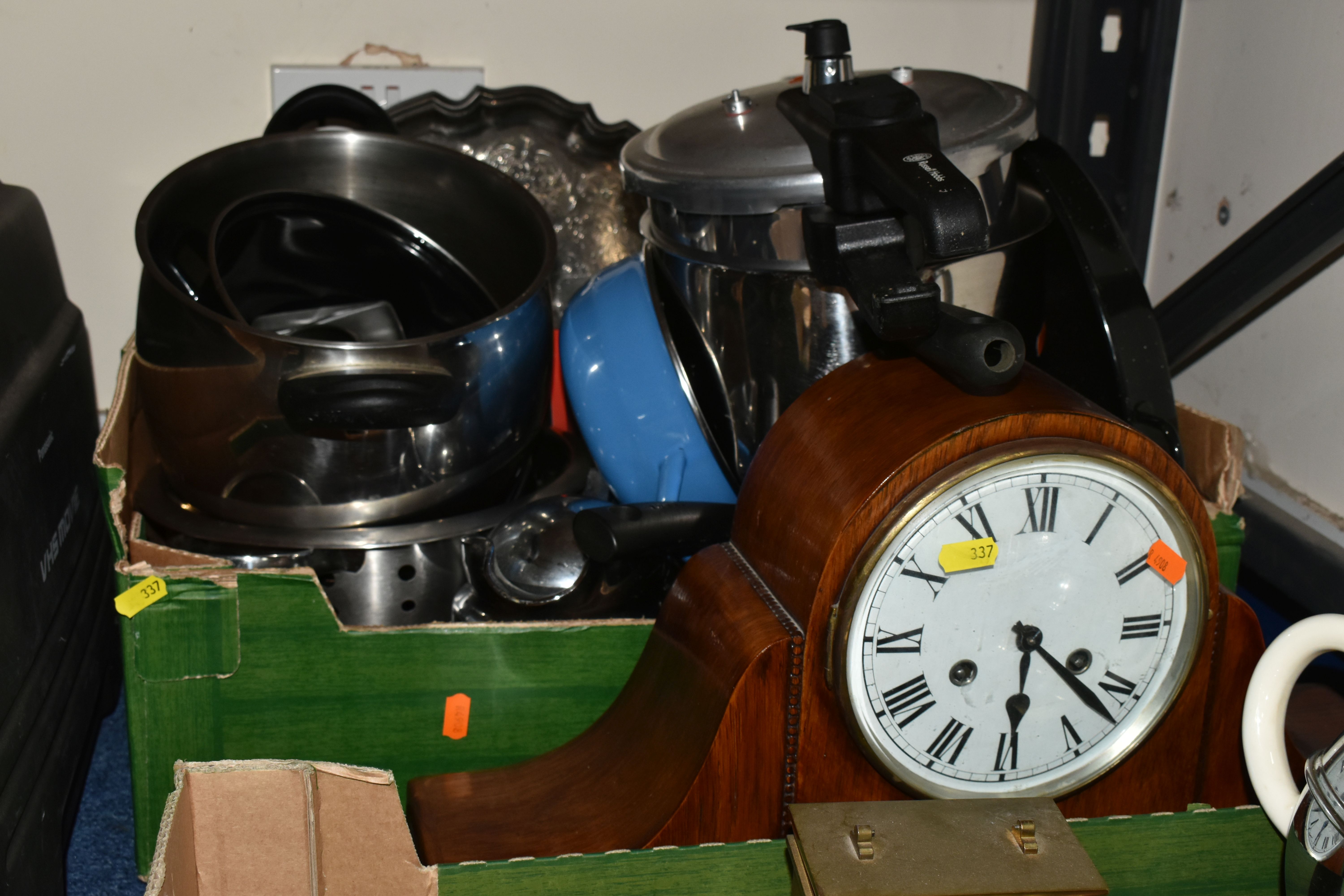 TWO BOXES AND LOOSE MISCELLANEOUS SUNDRIES, to include a Russell Hobbs pressure cooker, Judge - Image 4 of 7