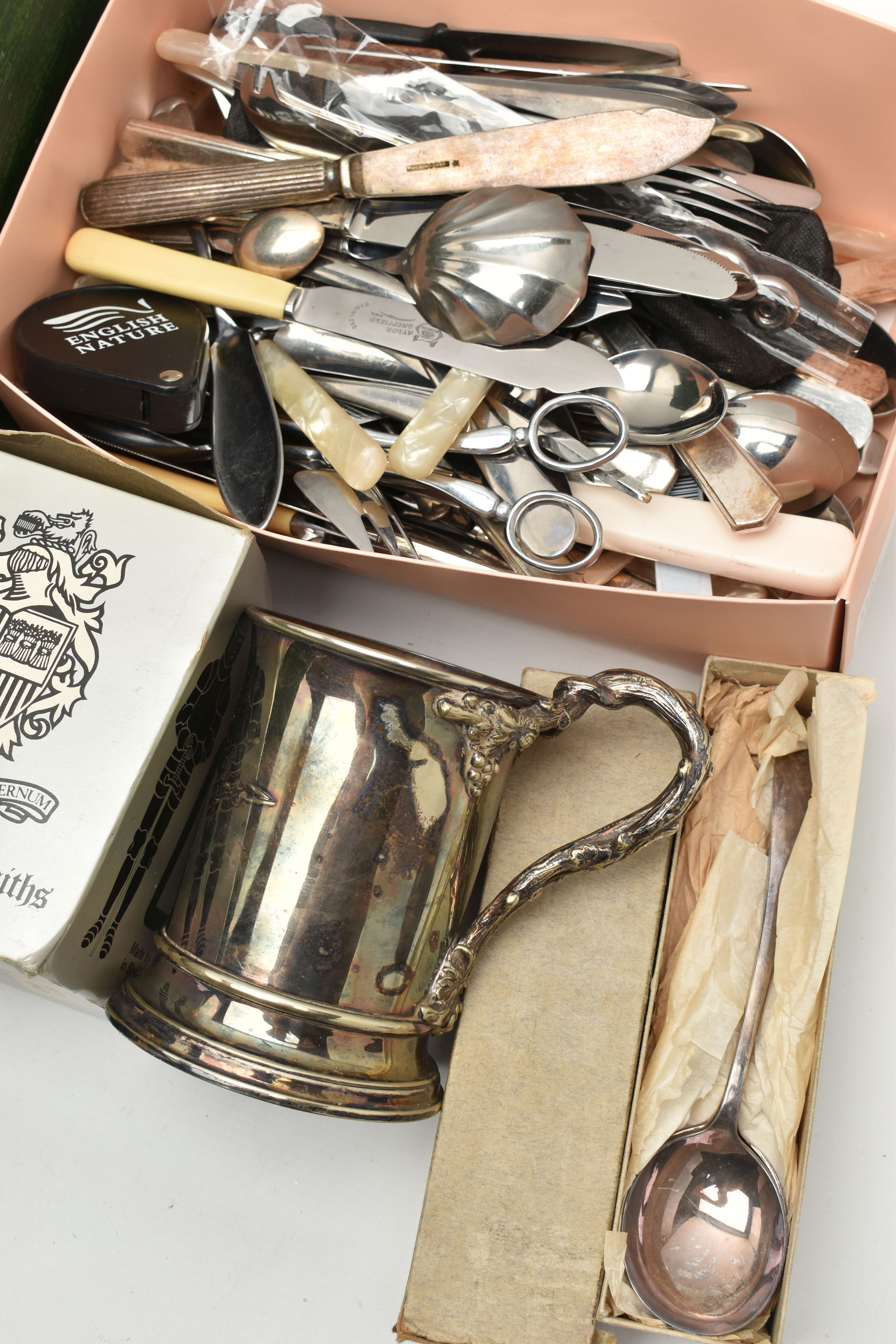 A BOX OF ASSORTED WHITE METAL WARE, to include a pair of wooden base coasters, salt and pepper - Image 2 of 3