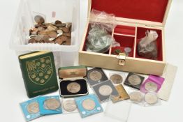 TWO BOXES CONTAINING LOOSE COINS AND COMMEMORATIVES, to include a Royal Mint National Trust