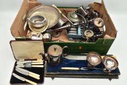 A BOX OF ASSORTED WHITE METAL, to include a four piece tea set, a three branch candelabra, tea