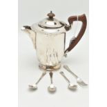 A SILVER HOT WATER JUG AND CUTLERY, polished jug with wavy rim and hinged cover, fitted with a