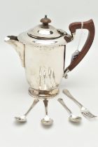 A SILVER HOT WATER JUG AND CUTLERY, polished jug with wavy rim and hinged cover, fitted with a