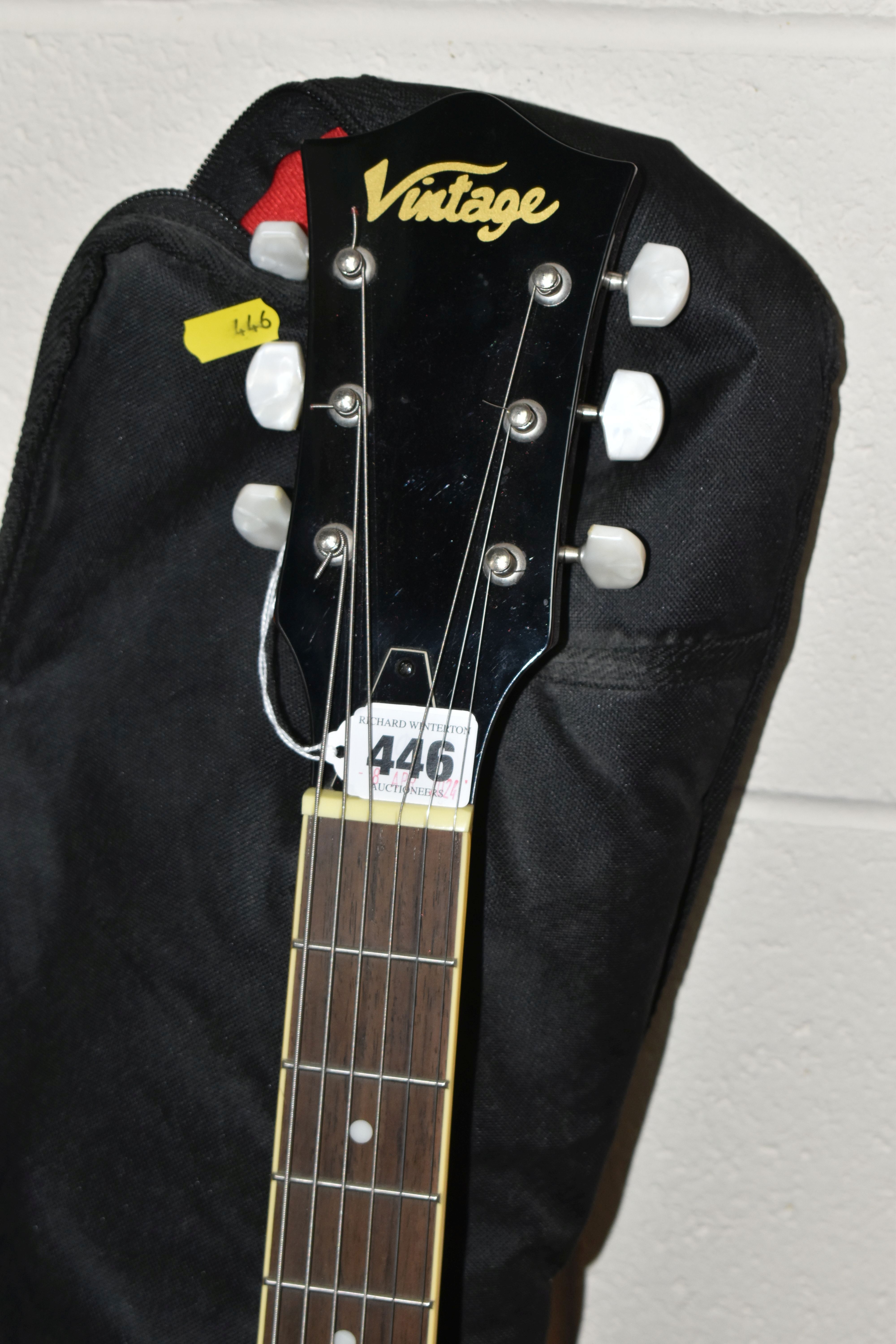 A 'VINTAGE' BANJO AND CHILD'S ACOUSTIC GUITAR, comprising a six string banjo with a soft case and - Image 2 of 8