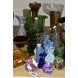 A COLLECTION OF COLOURED AND CLEAR GLASSWARE, including a Wedgwood Sheringham pattern green glass