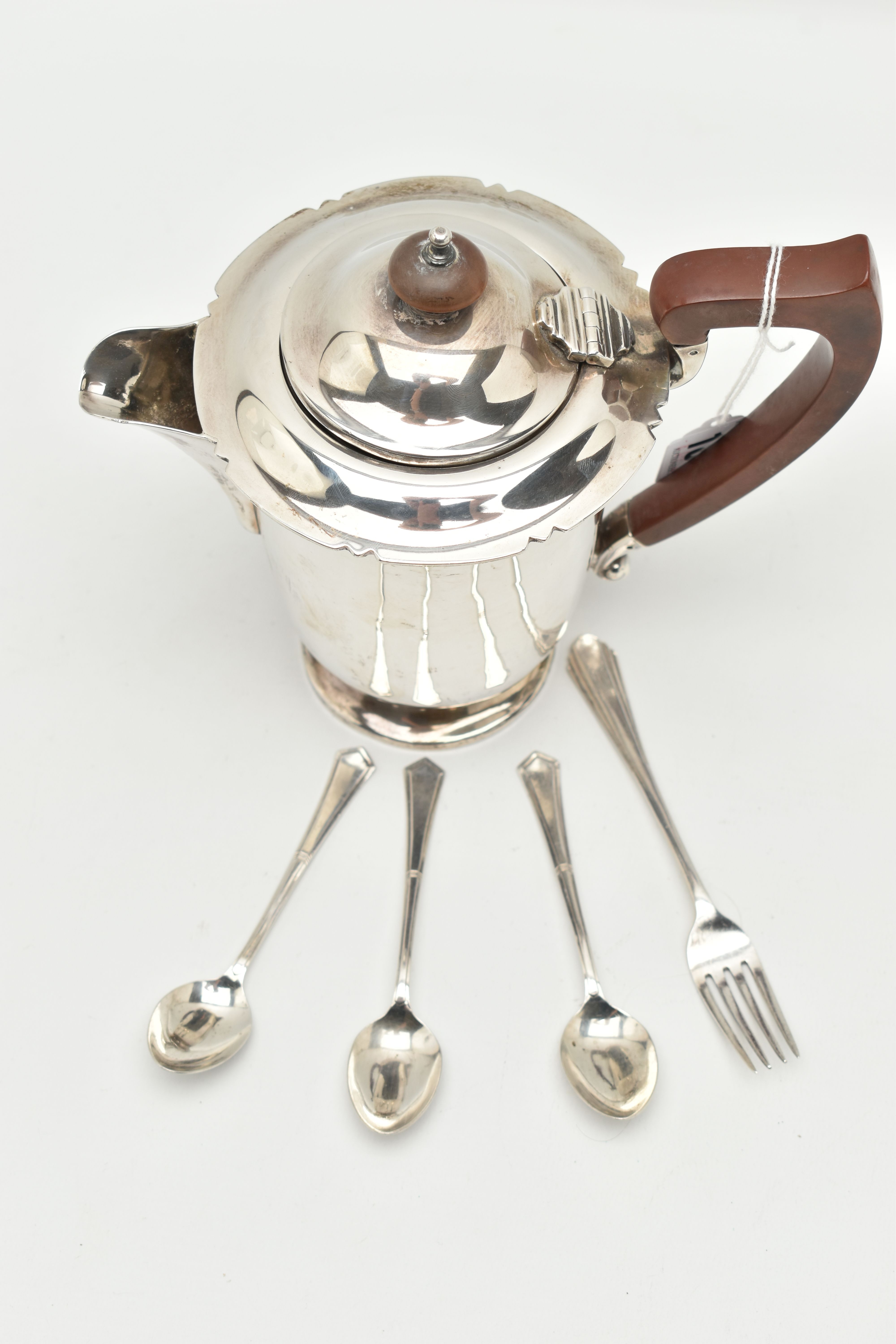 A SILVER HOT WATER JUG AND CUTLERY, polished jug with wavy rim and hinged cover, fitted with a - Image 2 of 6