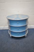 A BERNHARDT BLUE AND SILVER PAINTED CIRCULAR CHEST OF THREE DRAWERS, diameter 71cm x height 67cm (