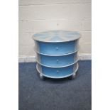 A BERNHARDT BLUE AND SILVER PAINTED CIRCULAR CHEST OF THREE DRAWERS, diameter 71cm x height 67cm (