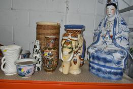 A GROUP PF ORIENTAL STYLE CERAMICS, comprising two pink and blue planters, an Elephant garden table,