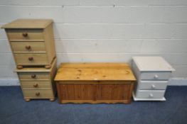 A MODERN PINE BLANKET BOX, width 107cm x depth 46cm x height 46cm, a white painted three drawer