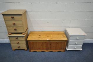 A MODERN PINE BLANKET BOX, width 107cm x depth 46cm x height 46cm, a white painted three drawer