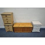 A MODERN PINE BLANKET BOX, width 107cm x depth 46cm x height 46cm, a white painted three drawer