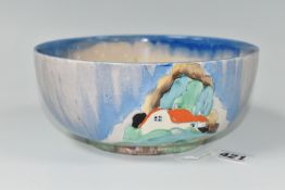 A CLARICE CLIFF BIZARRE NEWLYN PATTERN BOWL, the interior with streaked blue glaze rim and worn