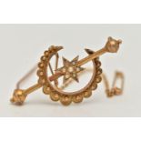 A VICTORIAN 9CT GOLD BROOCH, designed as a cannetille crescent moon and split pearl set star (one