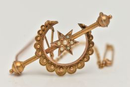 A VICTORIAN 9CT GOLD BROOCH, designed as a cannetille crescent moon and split pearl set star (one